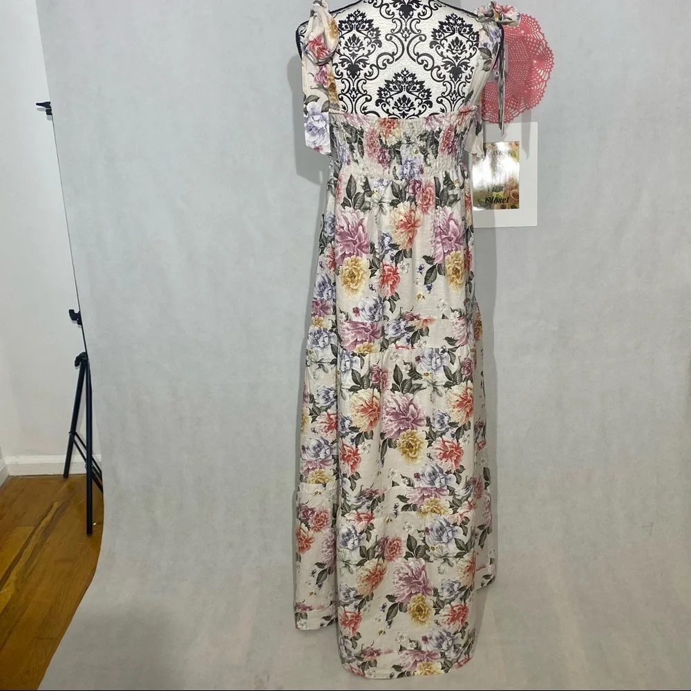 House of Harlow 1960 NWT Linen Blend Floral Adjustable Tie Maxi Dress Size Large - Picture 4 of 16
